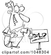 Cartoon Black And White Outline Design Of A Guy With A Sold Sign