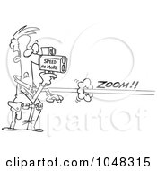 Poster, Art Print Of Cartoon Black And White Outline Design Of A Cop Using A Speed Gun On A Speeder