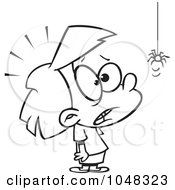 Royalty Free RF Clip Art Illustration Of A Cartoon Black And White Outline Design Of A Girl Afraid Of Spiders by toonaday