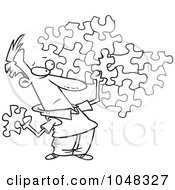 Royalty Free RF Clip Art Illustration Of A Cartoon Black And White Outline Design Of A Guy Trying To Assemble A Puzzle