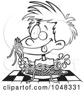 Poster, Art Print Of Cartoon Black And White Outline Design Of A Messy Boy Chowing Down On Spaghetti