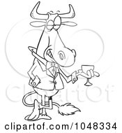 Poster, Art Print Of Cartoon Black And White Outline Design Of A Sophisticated Bull With Wine