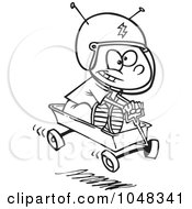 Royalty Free RF Clip Art Illustration Of A Cartoon Black And White Outline Design Of A Boy Pretending To Ride A Space Wagon by toonaday