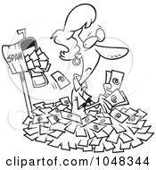 Cartoon Black And White Outline Design Of A Woman In Spam Mail By A Mailbox