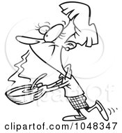 Royalty Free RF Clip Art Illustration Of A Cartoon Black And White Outline Design Of A Woman Carrying Soup