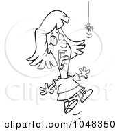 Royalty Free RF Clip Art Illustration Of A Cartoon Black And White Outline Design Of A Girl Screaming At A Spider