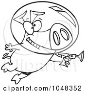 Royalty Free RF Clip Art Illustration Of A Cartoon Black And White Outline Design Of A Space Pig Using A Ray Gun