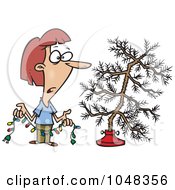 Royalty Free RF Clip Art Illustration Of A Cartoon Woman Decorating A Sparse Xmas Tree