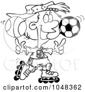 Poster, Art Print Of Cartoon Black And White Outline Design Of A Sporty Girl Roller Blading With A Basketball And Soccer Ball