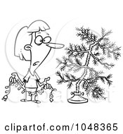 Royalty Free RF Clip Art Illustration Of A Cartoon Black And White Outline Design Of A Woman Decorating A Sparse Xmas Tree