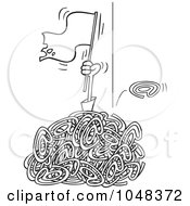 Poster, Art Print Of Cartoon Black And White Outline Design Of A Man Waving A White Flat In A Pile Of Spam Email