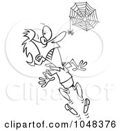 Poster, Art Print Of Cartoon Black And White Outline Design Of A Spider Scaring A Woman