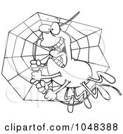 Poster, Art Print Of Cartoon Black And White Outline Design Of A Spider Swinging On Silk