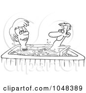 Cartoon Black And White Outline Design Of A Couple In A Hot Tub