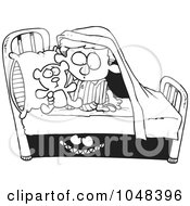 Poster, Art Print Of Cartoon Black And White Outline Design Of A Monster Scaring A Boy Under A Bed