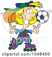 Poster, Art Print Of Cartoon Sporty Girl Roller Blading With A Basketball And Soccer Ball