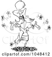 Poster, Art Print Of Cartoon Black And White Outline Design Of A Woman Playing In Spring Flowers