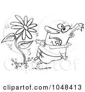 Poster, Art Print Of Cartoon Black And White Outline Design Of A Man Screaming At A Giant Daisy Springing Up