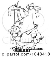 Poster, Art Print Of Cartoon Black And White Outline Design Of A Rhino Puncturing An Umbrella With His Horn