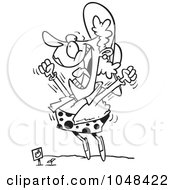 Cartoon Black And White Outline Design Of A Woman Excited Over A Sprout