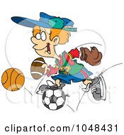 Poster, Art Print Of Cartoon Sporty Boy With A Baseball Glove Basketball Football And Soccer Ball