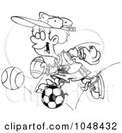 Poster, Art Print Of Cartoon Black And White Outline Design Of A Sporty Boy With A Baseball Glove Basketball Football And Soccer Ball