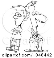 Royalty Free RF Clip Art Illustration Of A Cartoon Black And White Outline Design Of A Father And Son Having A Stand Off