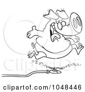 Royalty Free RF Clip Art Illustration Of A Cartoon Black And White Outline Design Of A Pig Running Through A Sprinkler