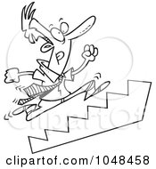 Poster, Art Print Of Cartoon Black And White Outline Design Of A Businessman Running Up Stairs