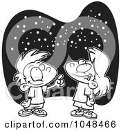Poster, Art Print Of Cartoon Black And White Outline Design Of A Boy And Girl Gazing At The Stars