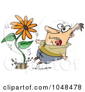 Royalty Free RF Clip Art Illustration Of A Cartoon Man Screaming At A Giant Daisy Springing Up