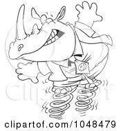 Royalty Free RF Clip Art Illustration Of A Cartoon Black And White Outline Design Of A Rhino Jumping On Springs