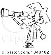 Royalty Free RF Clip Art Illustration Of A Cartoon Black And White Outline Design Of A Spying Woman by toonaday