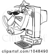 Cartoon Black And White Outline Design Of A Spyware Man Popping Out Of A Computer