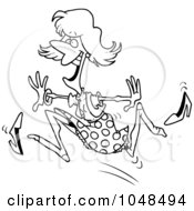 Royalty Free RF Clip Art Illustration Of A Cartoon Black And White Outline Design Of A Woman Running And Losing Her Shoes