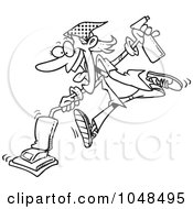 Poster, Art Print Of Cartoon Black And White Outline Design Of A Spring Cleaning Woman Vacuuming