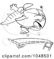Cartoon Black And White Outline Design Of An Elephant Jumping On A Diving Board