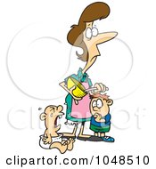 Royalty Free RF Clip Art Illustration Of A Cartoon Stressed Mom Using A Mixing Bowl Near Her Crying Baby by toonaday