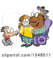 Cartoon Woman Reading A Book To A Boy And Girl At Story Time