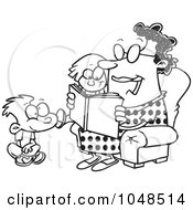 Cartoon Black And White Outline Design Of A Woman Reading A Book To A Boy And Girl At Story Time