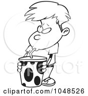 Poster, Art Print Of Cartoon Black And White Outline Design Of A Boy Sucking Soda Through A Straw