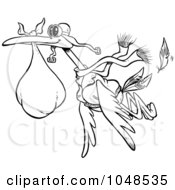 Royalty Free RF Clip Art Illustration Of A Cartoon Black And White Outline Design Of A Delivery Stork by toonaday