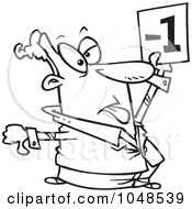 Royalty Free RF Clip Art Illustration Of A Cartoon Black And White Outline Design Of A Judge Holding Up A Negative Vote by toonaday