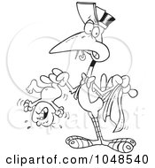 Royalty Free RF Clip Art Illustration Of A Cartoon Black And White Outline Design Of A Stork Holding A Crying Baby by toonaday
