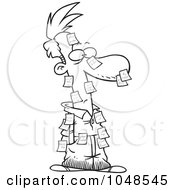 Royalty Free RF Clip Art Illustration Of A Cartoon Black And White Outline Design Of A Man Covered In Sticky Notes by toonaday