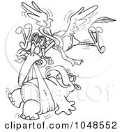 Poster, Art Print Of Cartoon Black And White Outline Design Of A Stork Delivering A Baby Hippo