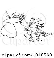 Poster, Art Print Of Cartoon Black And White Outline Design Of A Stork Carrying A Bundle