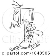 Poster, Art Print Of Cartoon Black And White Outline Design Of A Robber Stealing A Tv