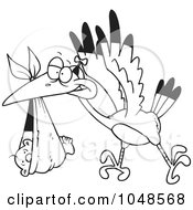 Royalty Free RF Clip Art Illustration Of A Cartoon Black And White Outline Design Of A Stork Delivering A Baby In A Blanket by toonaday