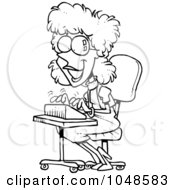 Cartoon Black And White Outline Design Of A Typing Stenographer